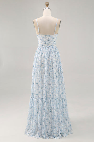 Blue Printed Floral Spaghetti Straps Cut Out Wedding Guest Dress